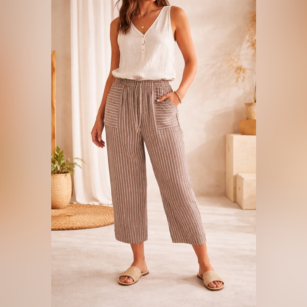 April Cornell 100% Linen Stripe Pants Cottagecore Boho Elastic Waist Coastal